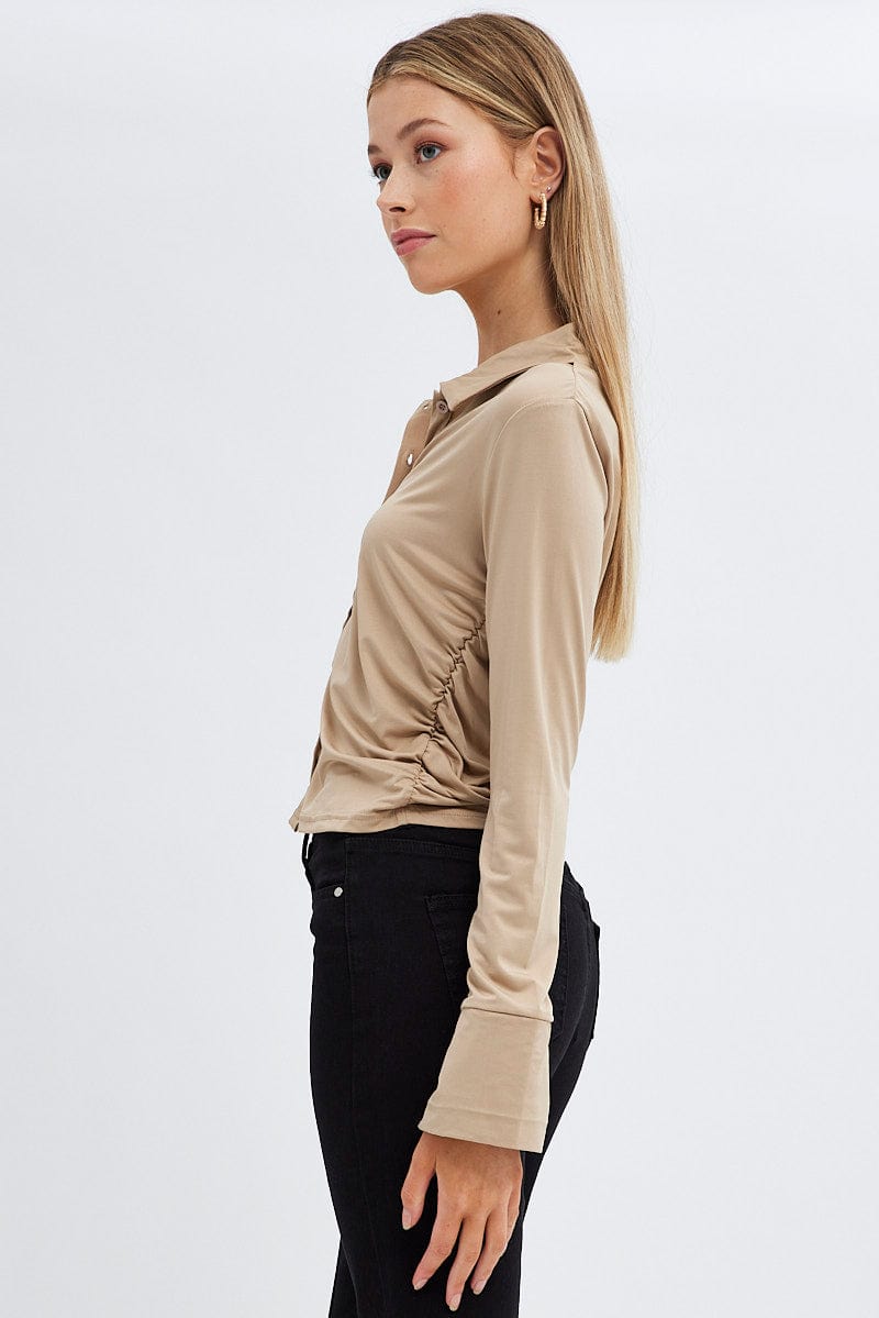 Beige Long Sleeve Shirt Collared Side Ruched for Ally Fashion