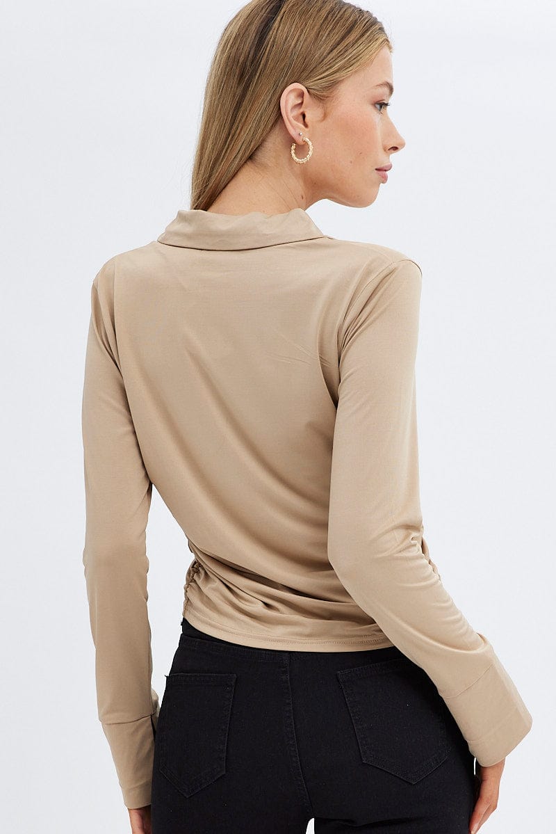 Beige Long Sleeve Shirt Collared Side Ruched for Ally Fashion