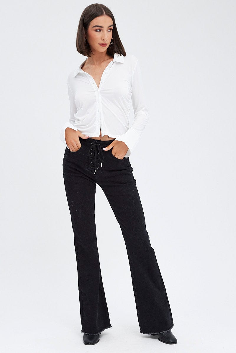 White Long Sleeve Shirt Collared Side Ruched | Ally Fashion