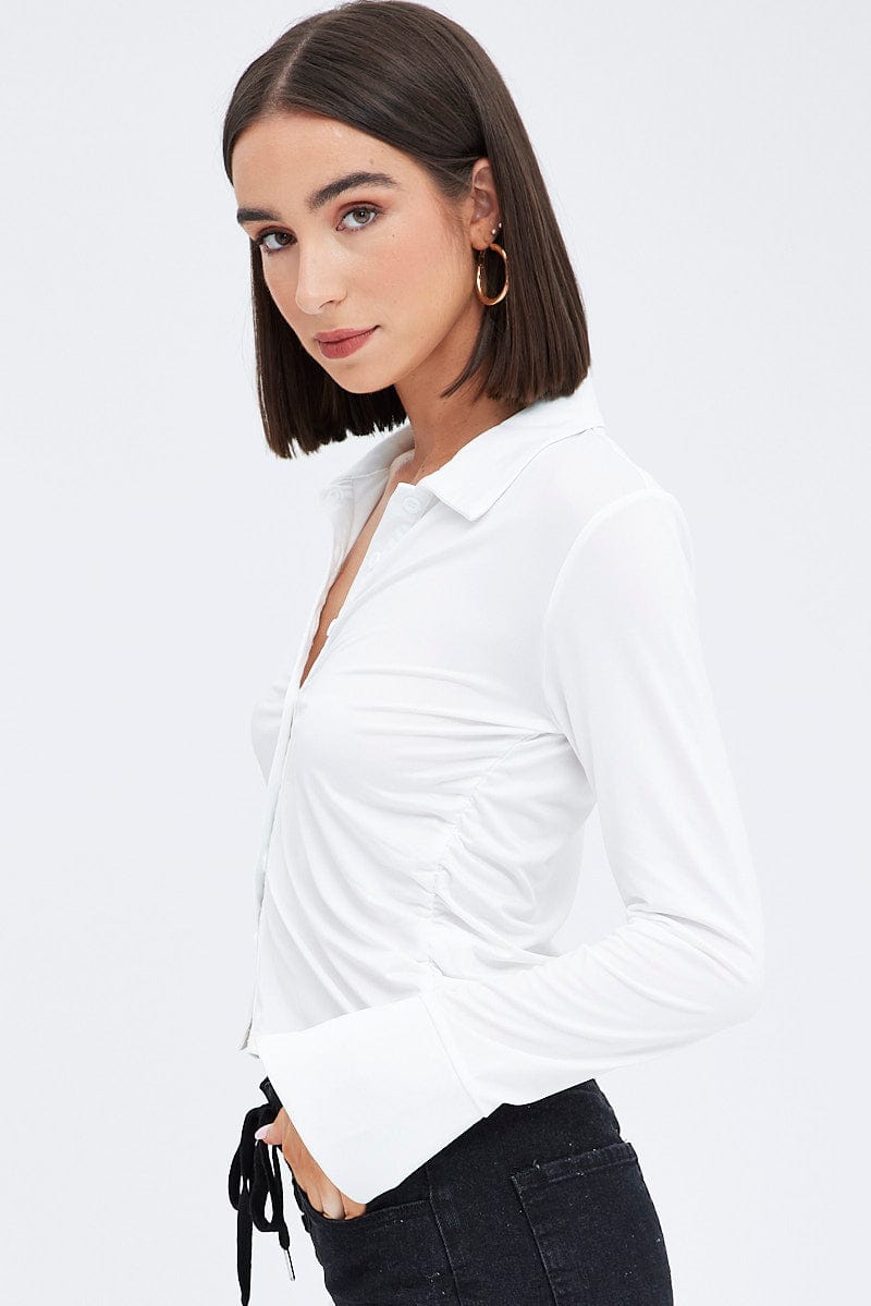 White Long Sleeve Shirt Collared Side Ruched for Ally Fashion