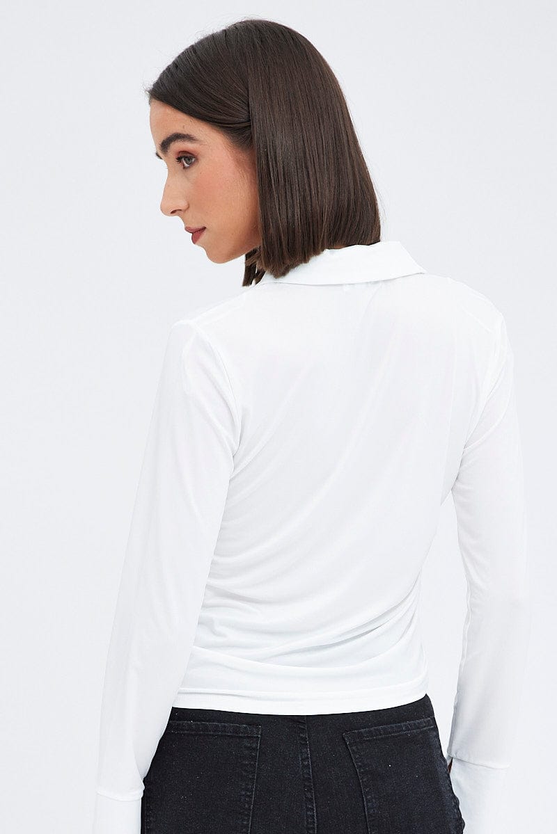 White Long Sleeve Shirt Collared Side Ruched for Ally Fashion