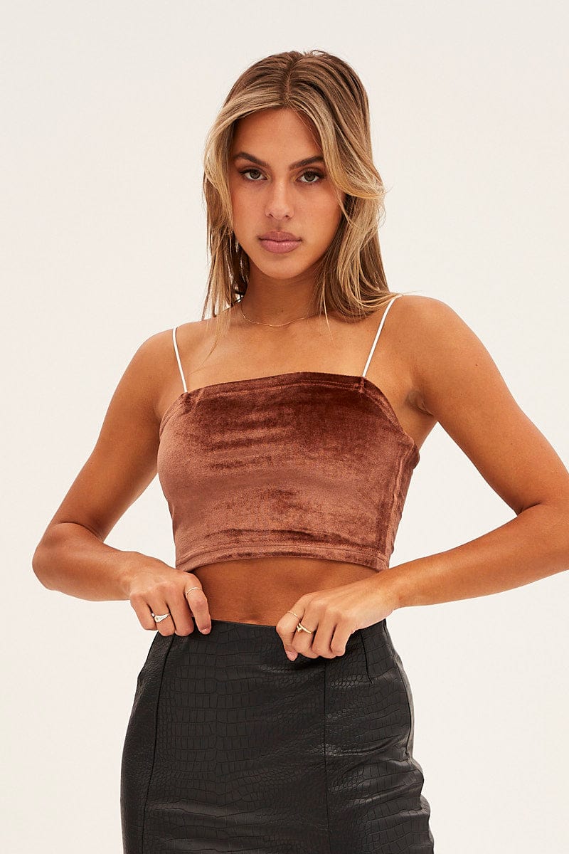 Brown Velour Singlet Lounge Crop Top for Ally Fashion