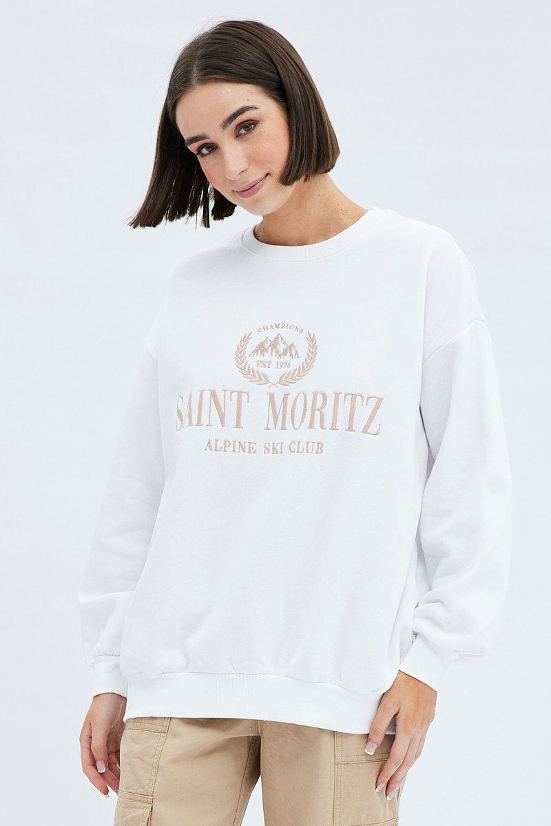 White Graphic Sweater Long Sleeve for Ally Fashion