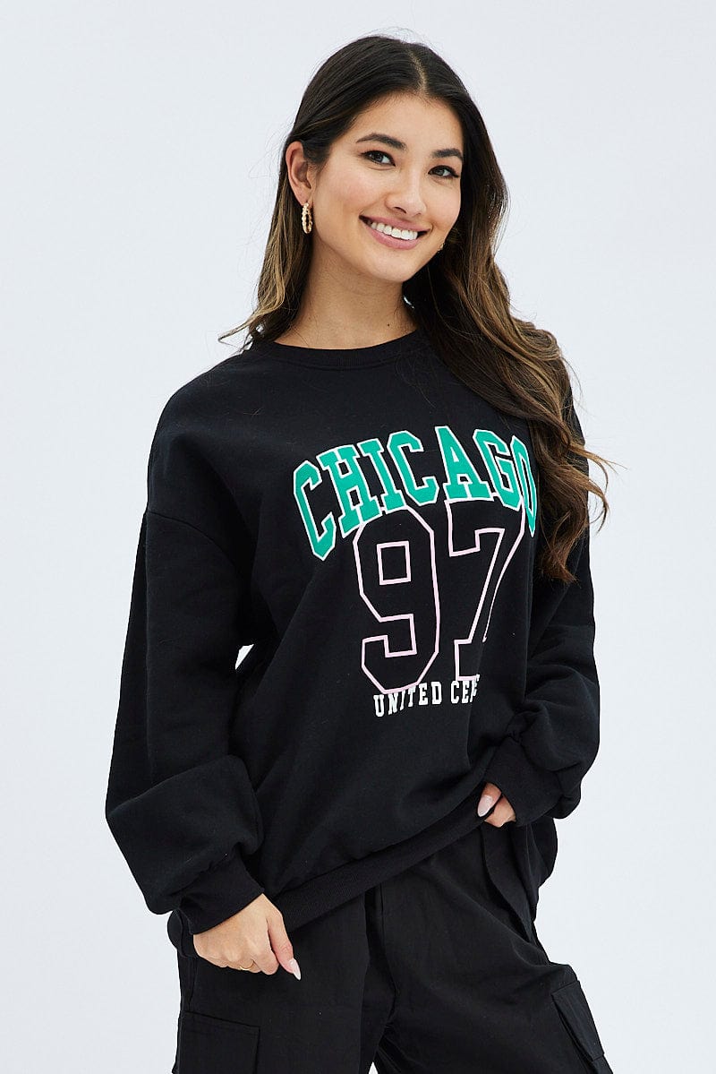 Black Graphic Sweater Long Sleeves for Ally Fashion