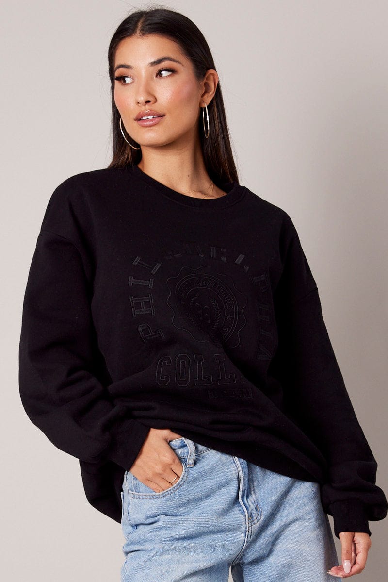 Black Graphic Sweater Long Sleeve for Ally Fashion