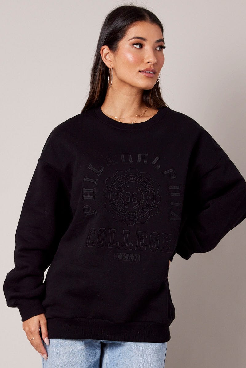 Black Graphic Sweater Long Sleeve for Ally Fashion