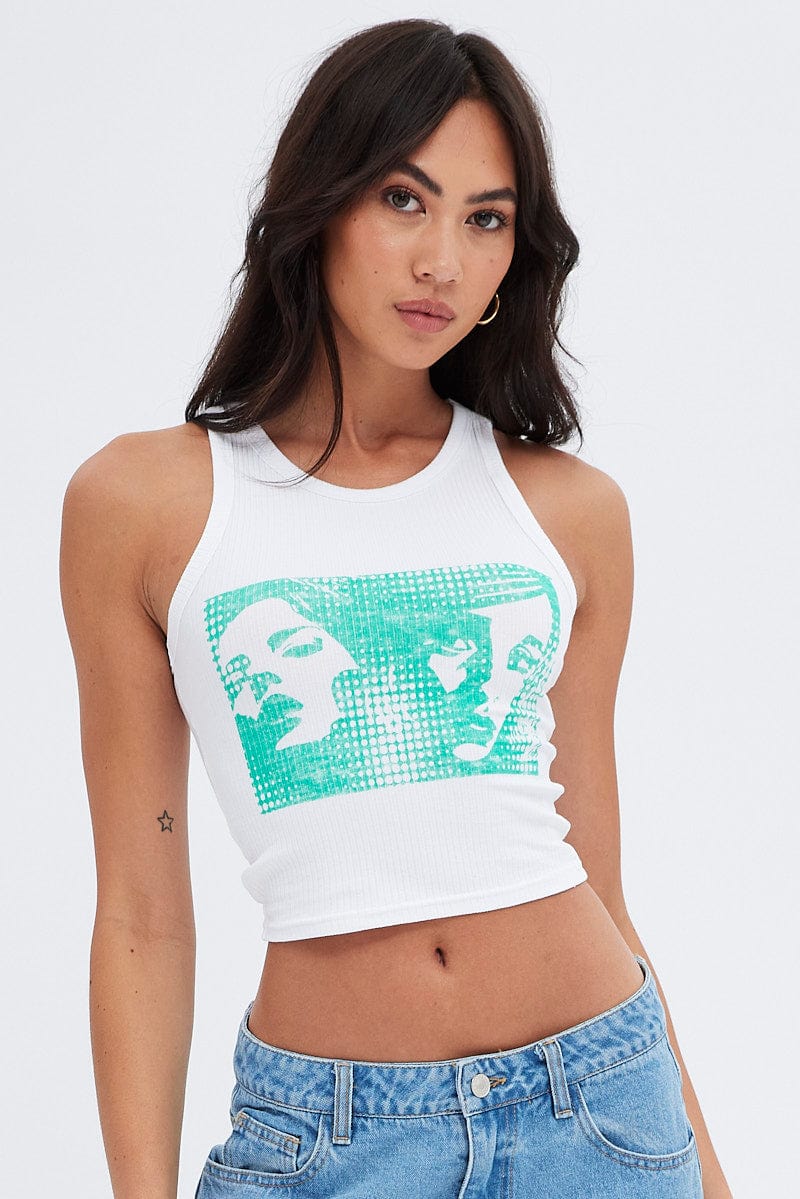 White Crop Tank Top Sleeveless Graphic Print for Ally Fashion