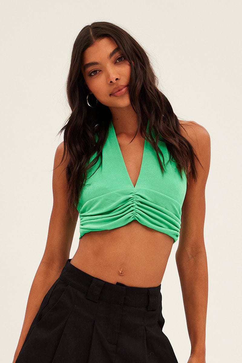 Green Front Ruched Halter Top for Ally Fashion