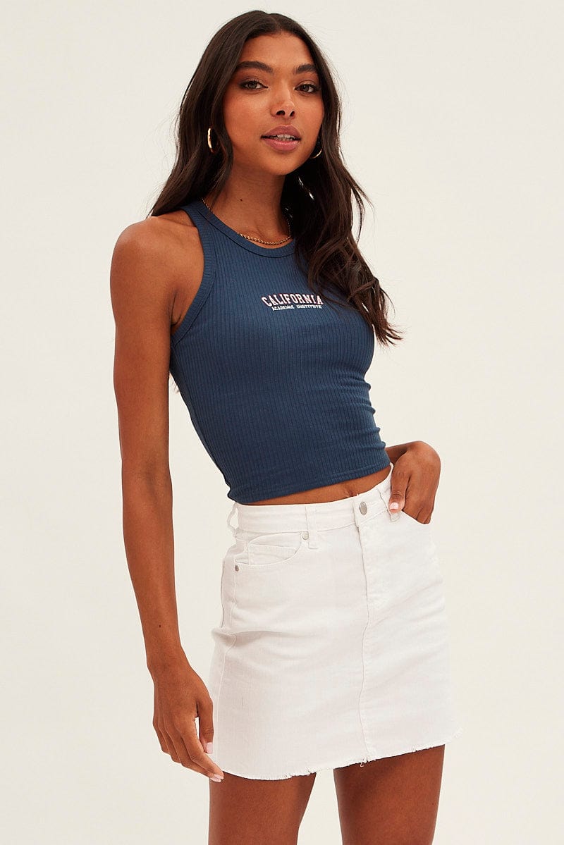 Blue Crop Tank California Embroidered for Ally Fashion