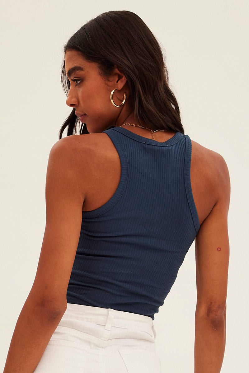 Blue Crop Tank California Embroidered for Ally Fashion