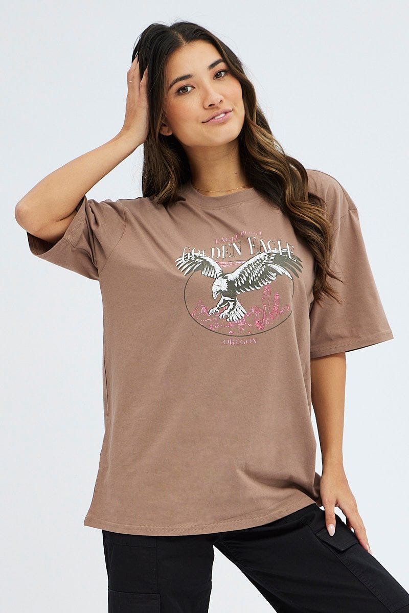 Brown T Shirt Short Sleeve Crew Neck Oversized Eagle for Ally Fashion