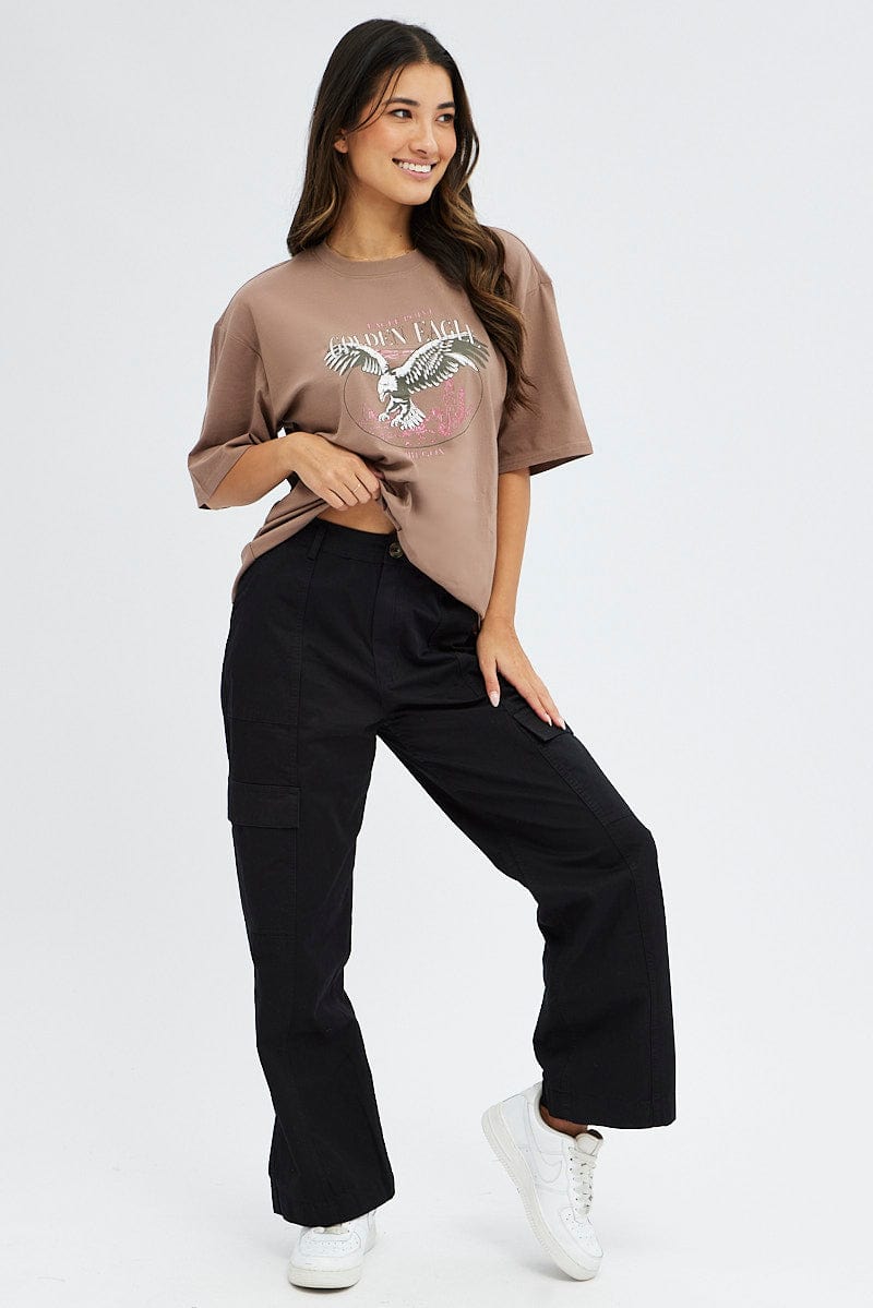 Brown T Shirt Short Sleeve Crew Neck Oversized Eagle for Ally Fashion