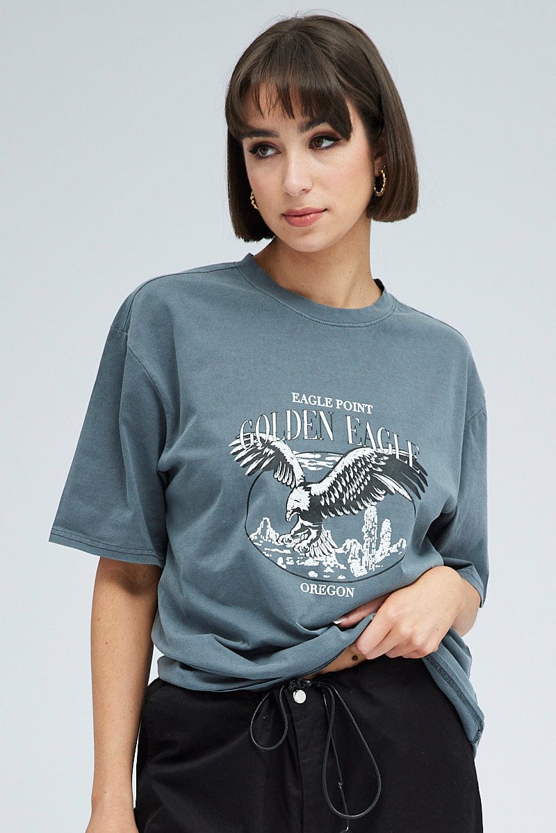 Grey Graphic Tee Short Sleeve Crew Neck Print for Ally Fashion