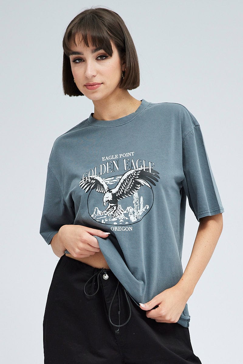 Grey Graphic Tee Short Sleeve Crew Neck Print for Ally Fashion