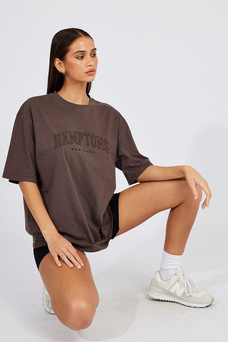 Brown Graphic Tee Short Sleeve Jersey Embroidered for Ally Fashion