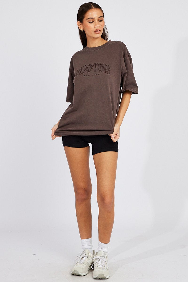 Brown Graphic Tee Short Sleeve Jersey Embroidered for Ally Fashion