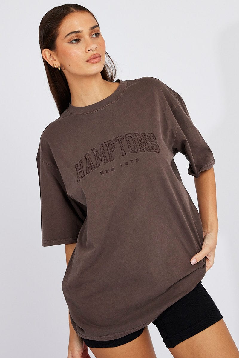 Brown Graphic Tee Short Sleeve Jersey Embroidered for Ally Fashion