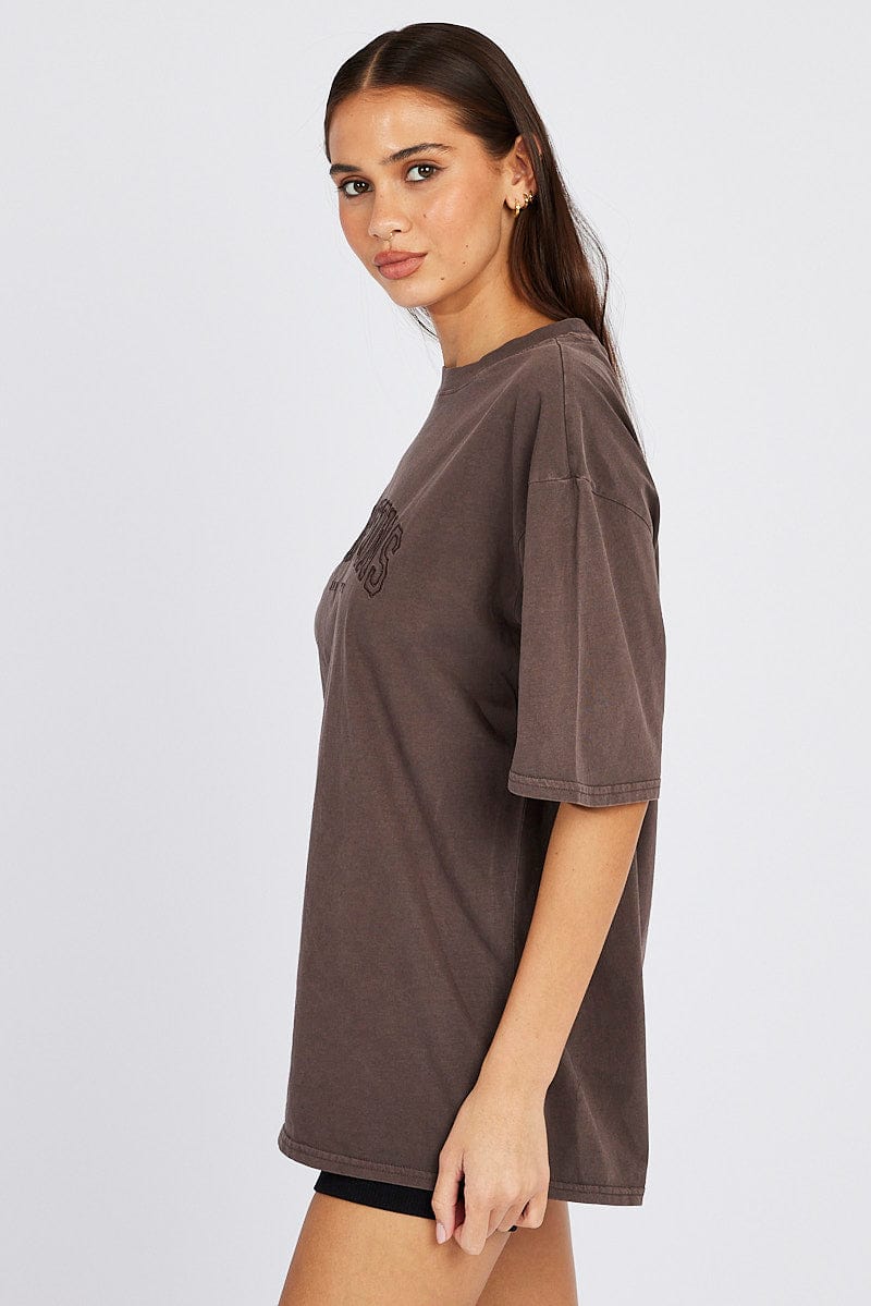 Brown Graphic Tee Short Sleeve Jersey Embroidered for Ally Fashion