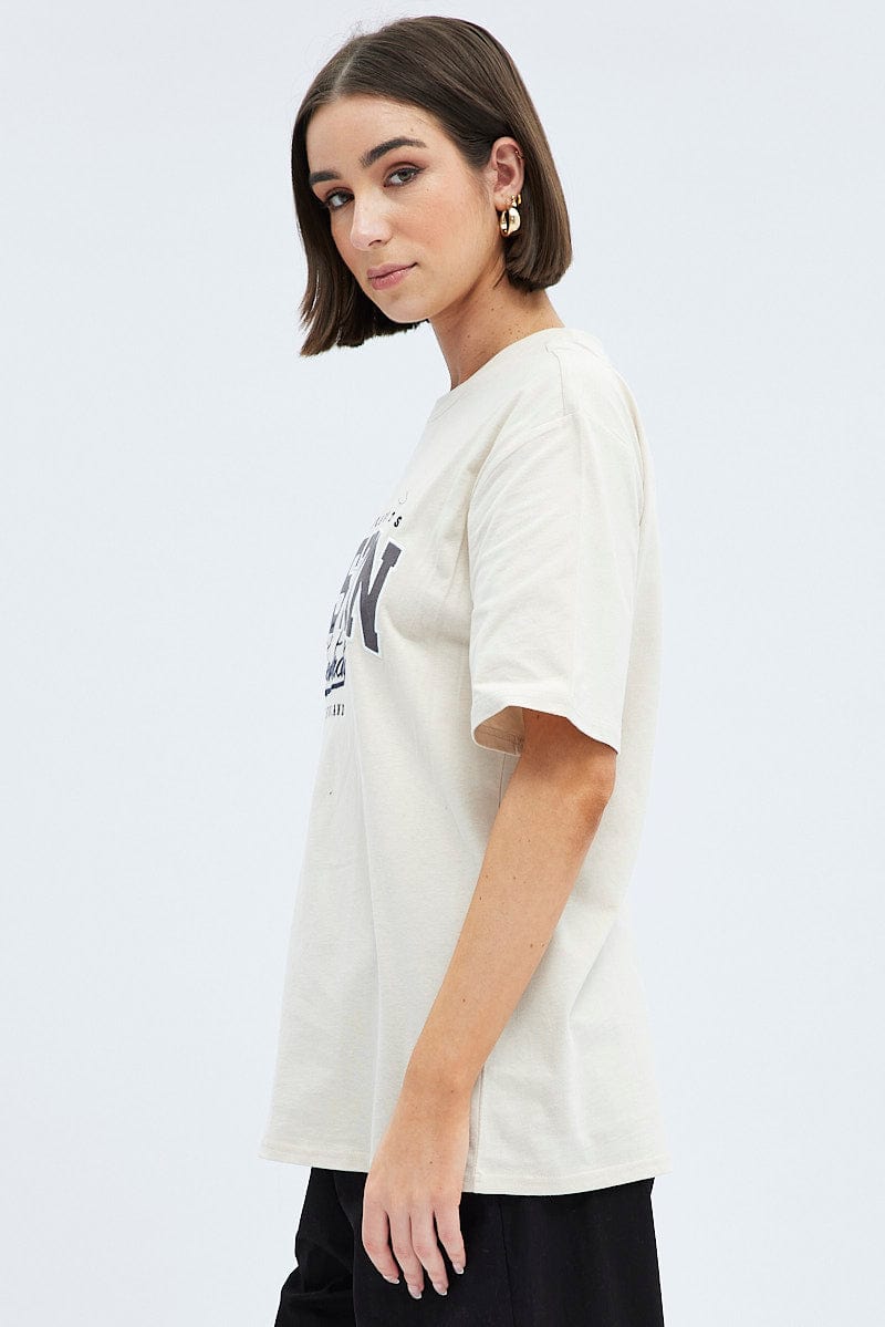Beige Graphic Tee Short Sleeve  Oversized for Ally Fashion