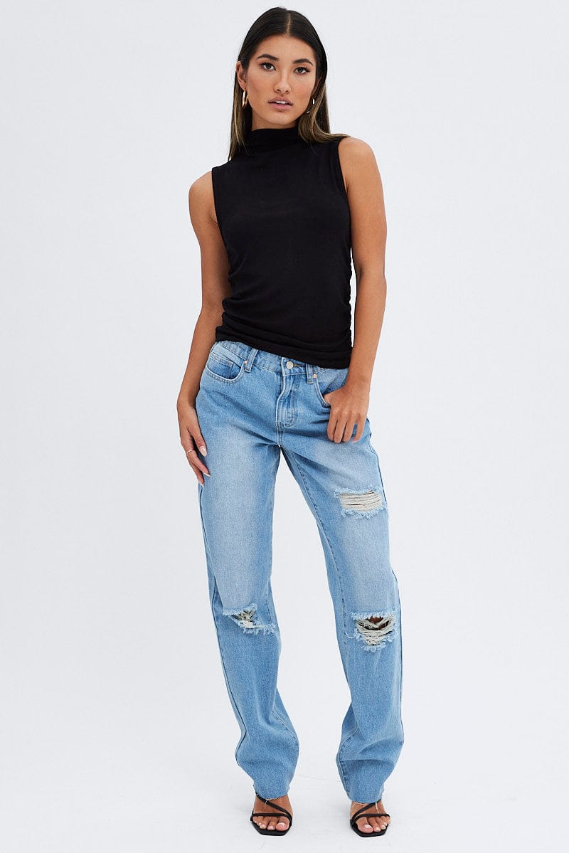 Black Top Sleeveless Cowl Neck Rib for Ally Fashion