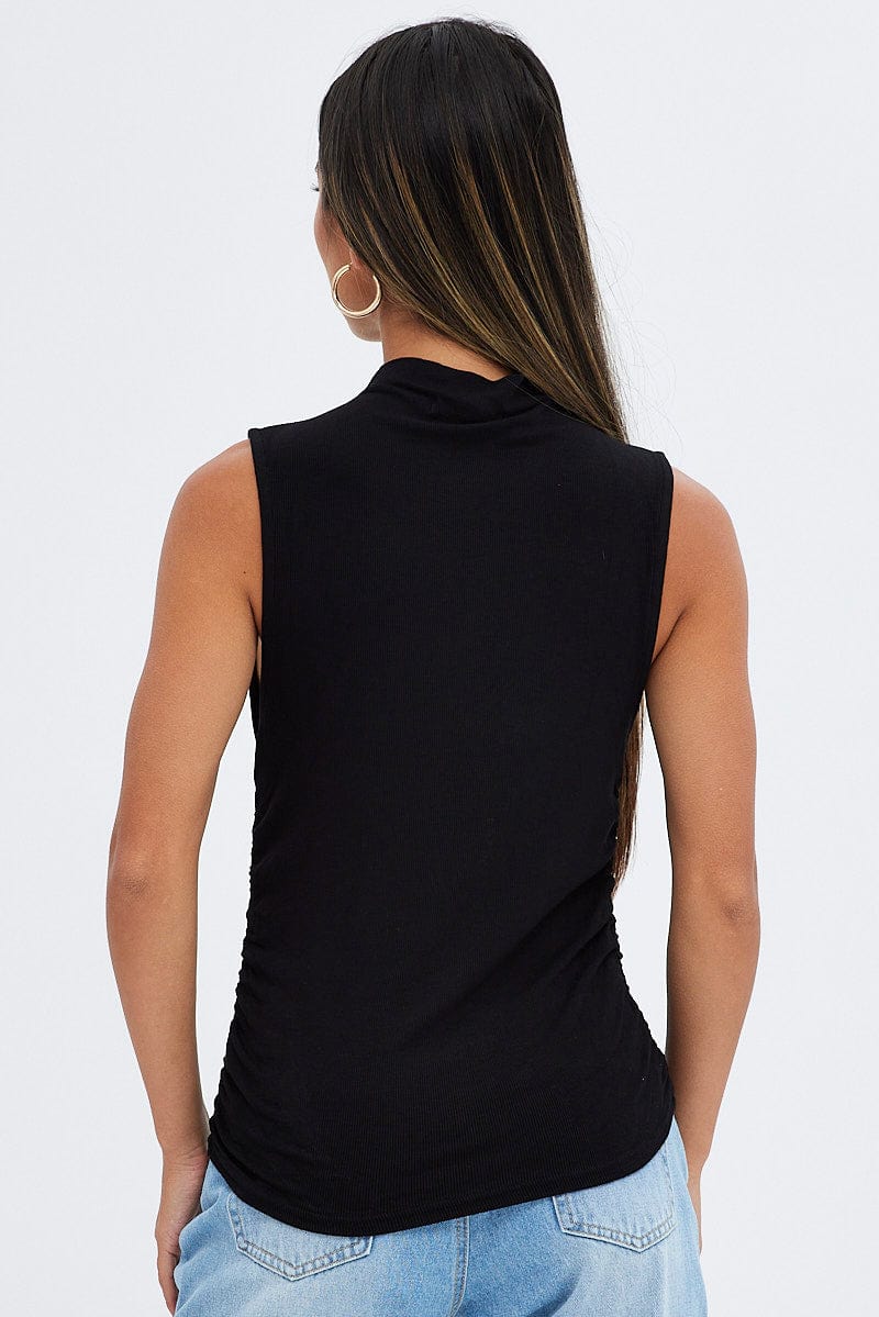 Black Top Sleeveless Cowl Neck Rib for Ally Fashion