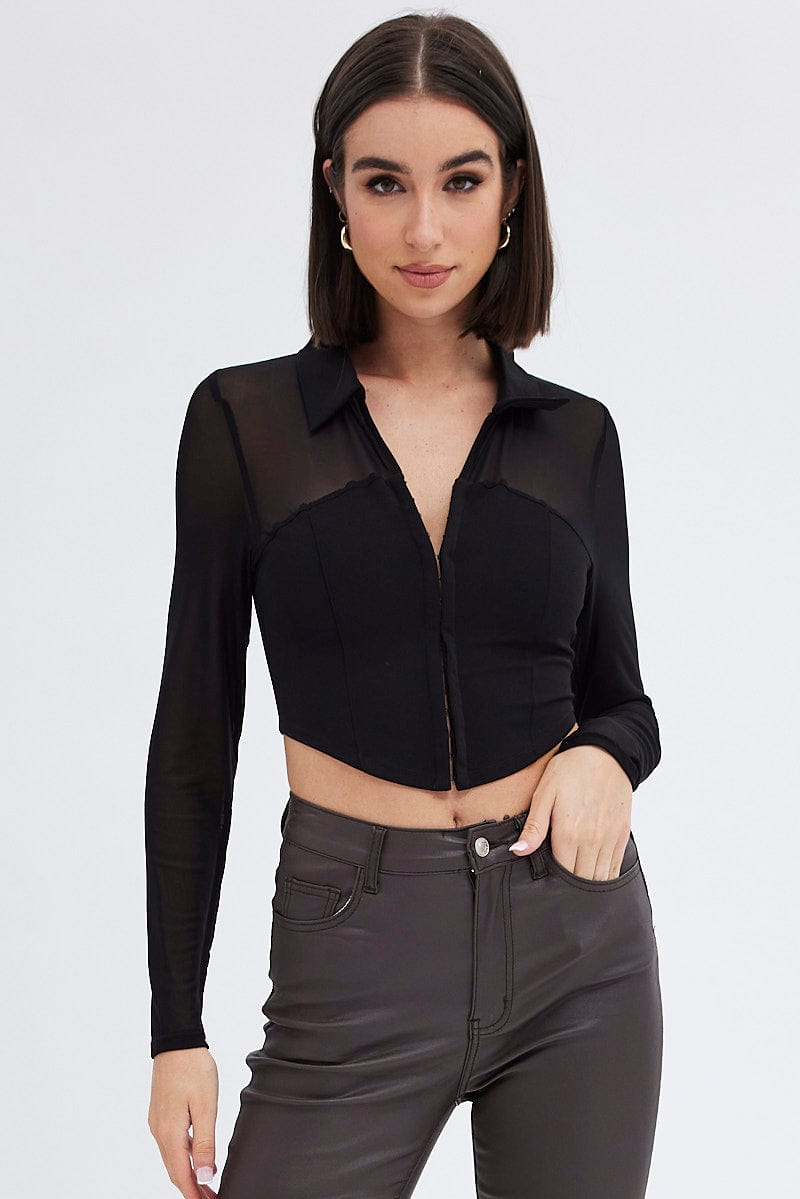 Black Top with Long Sleeve and Collar for Ally Fashion