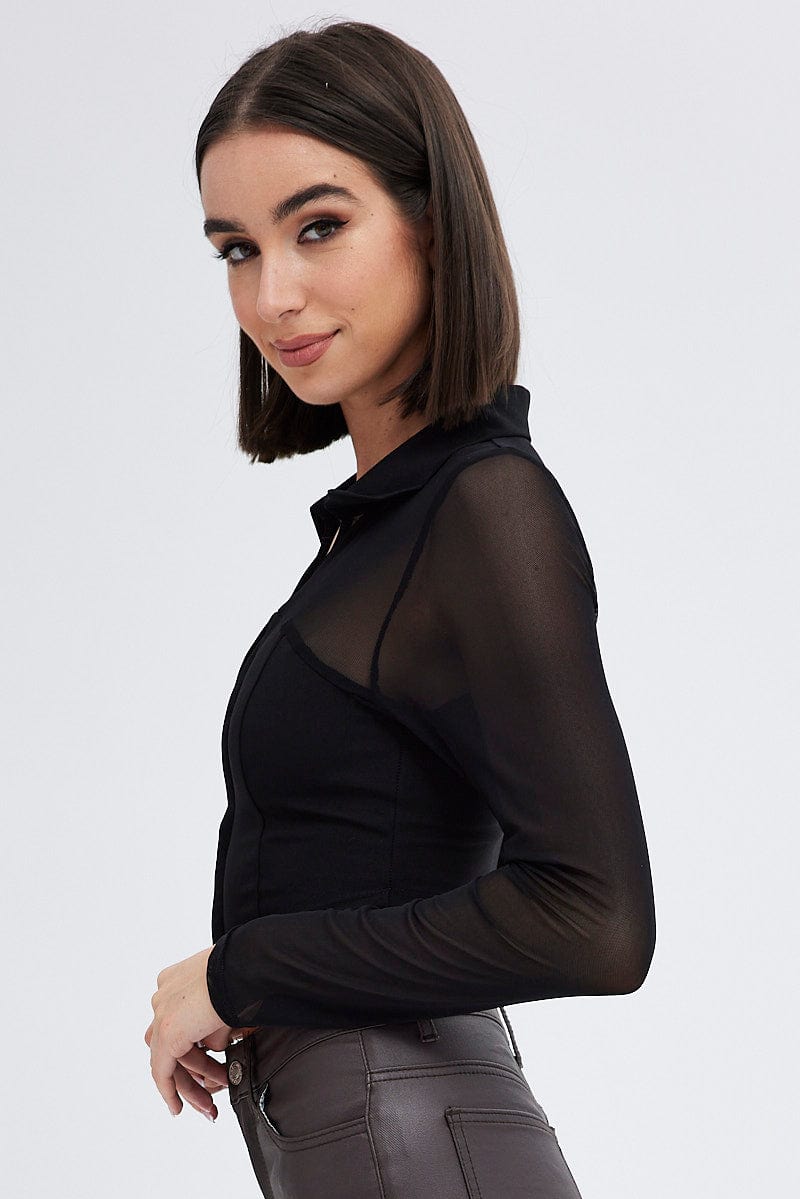 Black Top with Long Sleeve and Collar for Ally Fashion