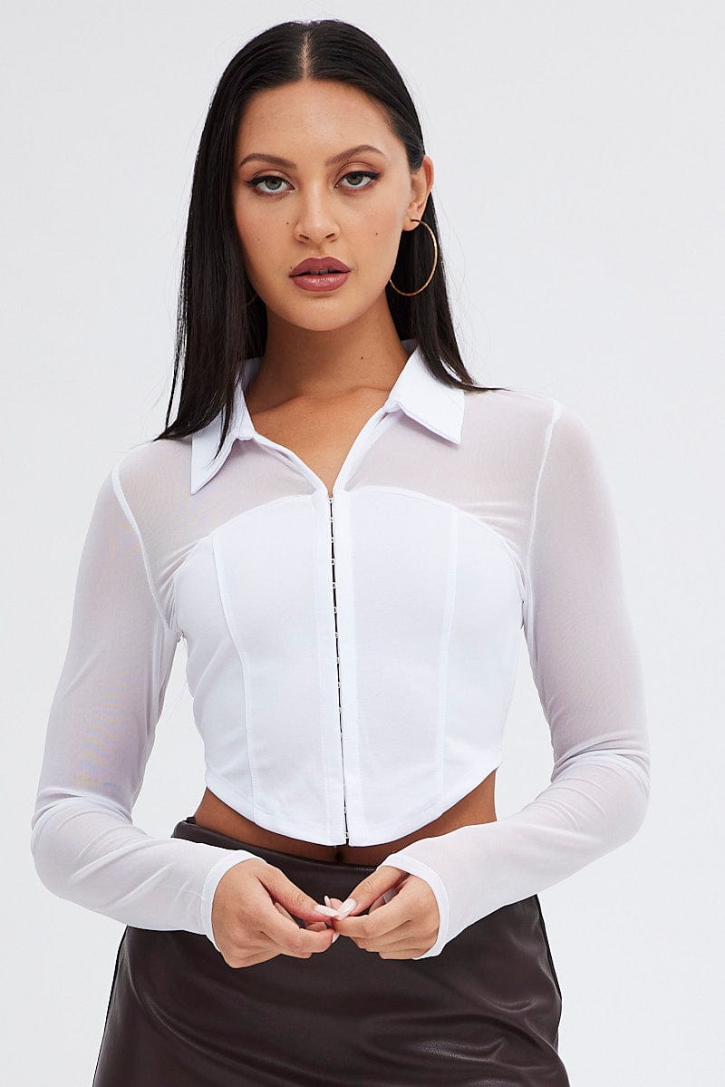 White Top with Long Sleeve and Collar for Ally Fashion