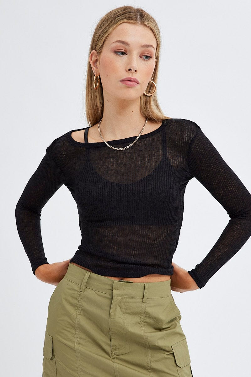 Black Top Round Neck Long Sleeve for Ally Fashion