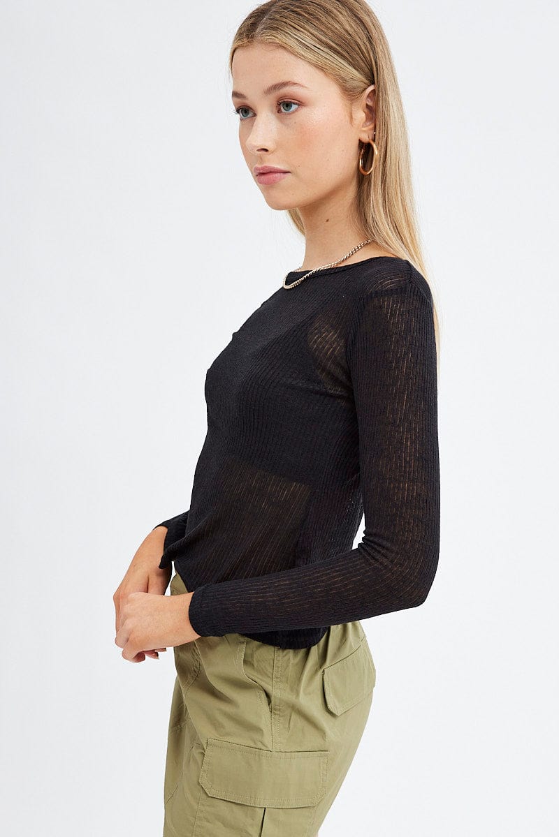 Black Top Round Neck Long Sleeve for Ally Fashion