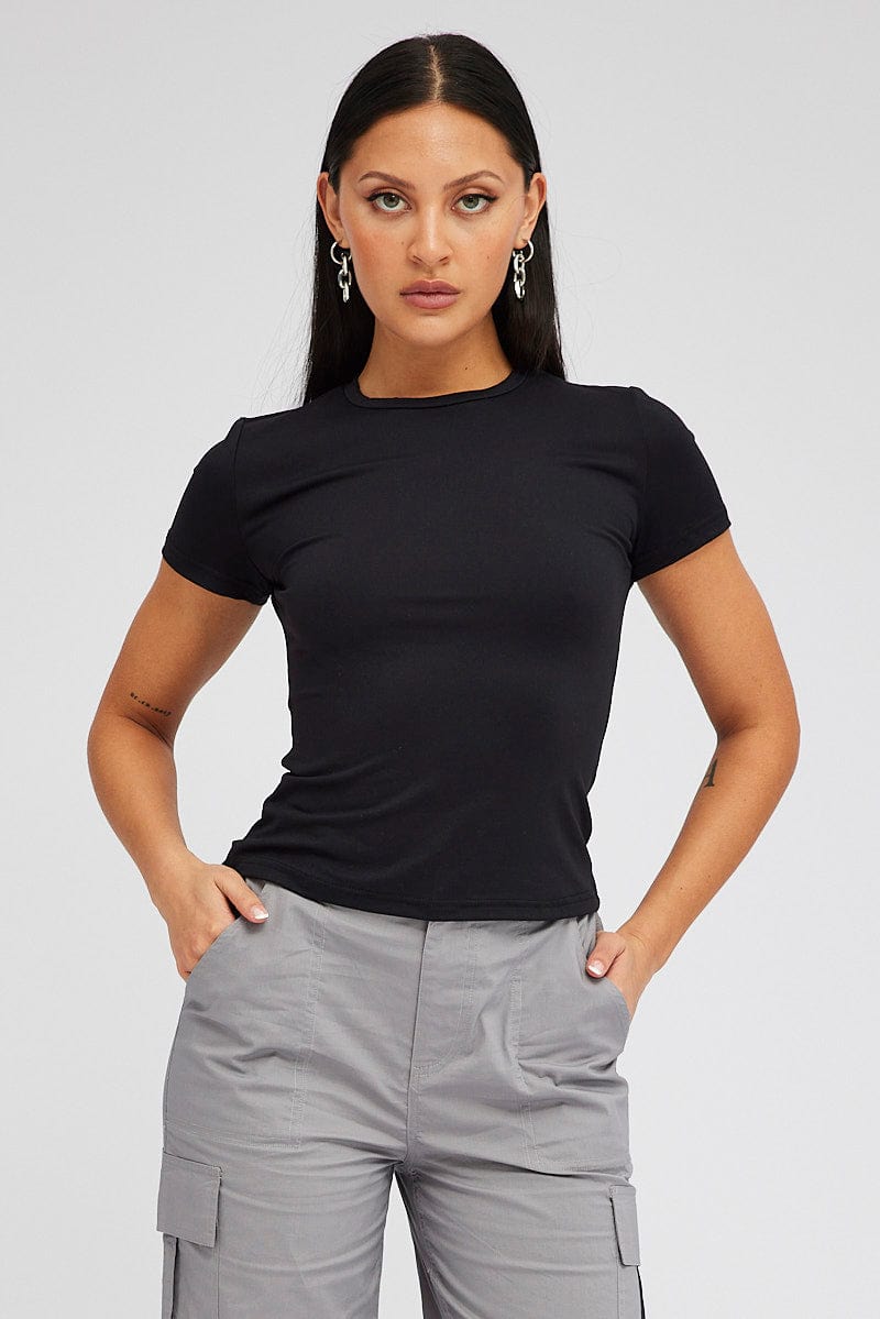 Black Supersoft Top Short Sleeve Round Neck | Ally Fashion