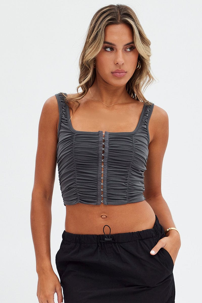 Grey Lace Up Top Sleeveless Mesh for Ally Fashion