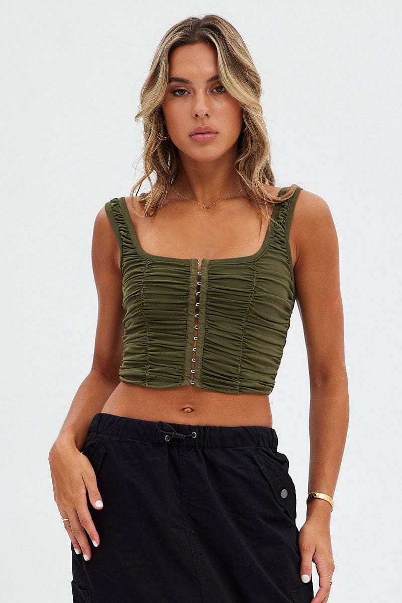 Green Lace Up Top Sleeveless Mesh for Ally Fashion