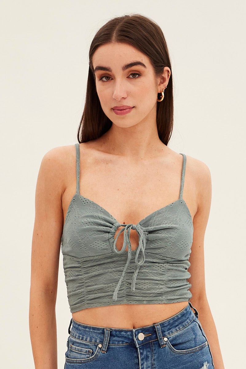 Green Lace Keyhole Rushed Cropped Cami for Ally Fashion