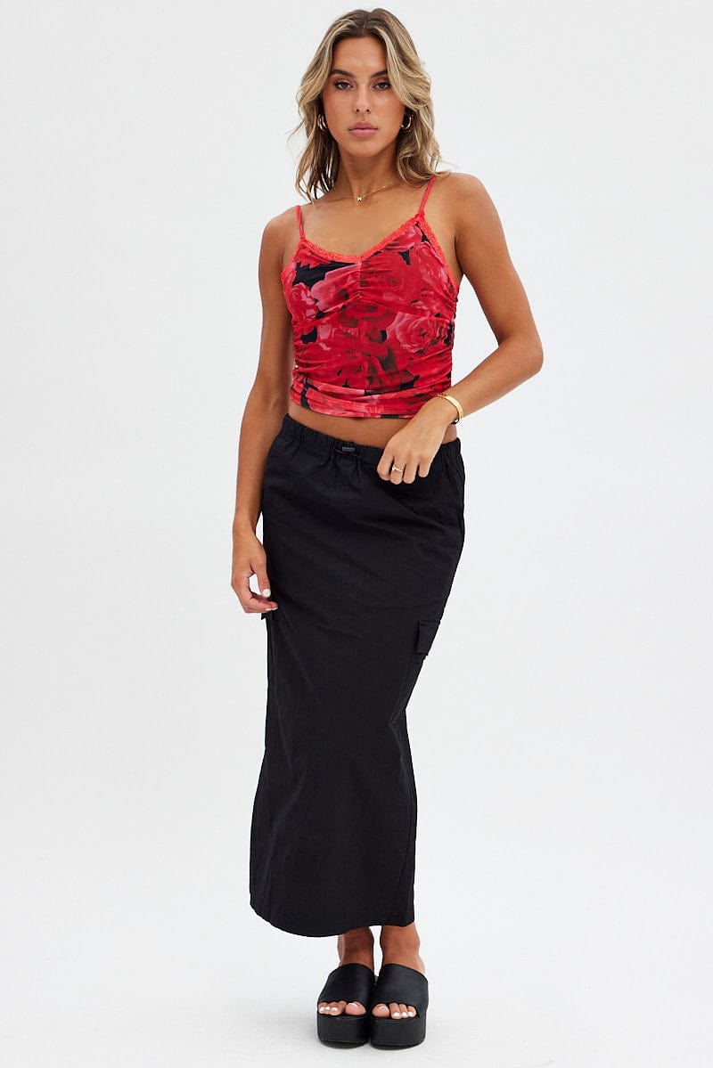 Red Abstract Singlet Lace Crop Top Ribbon Details for Ally Fashion