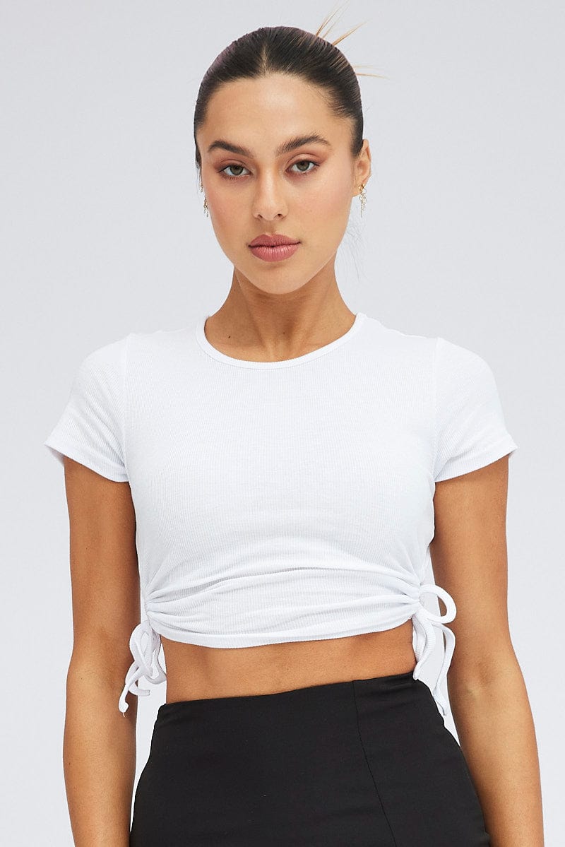 White Side Ruching Top Short Sleeve Crop for Ally Fashion