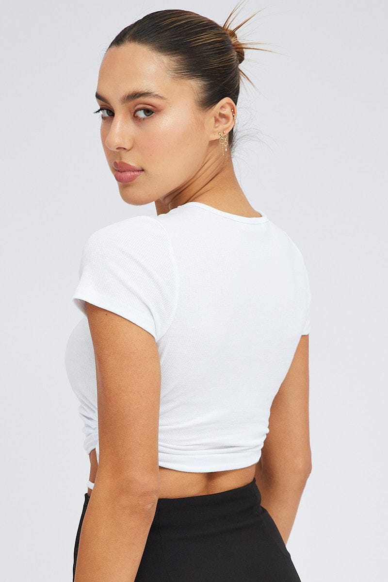 White Side Ruching Top Short Sleeve Crop for Ally Fashion