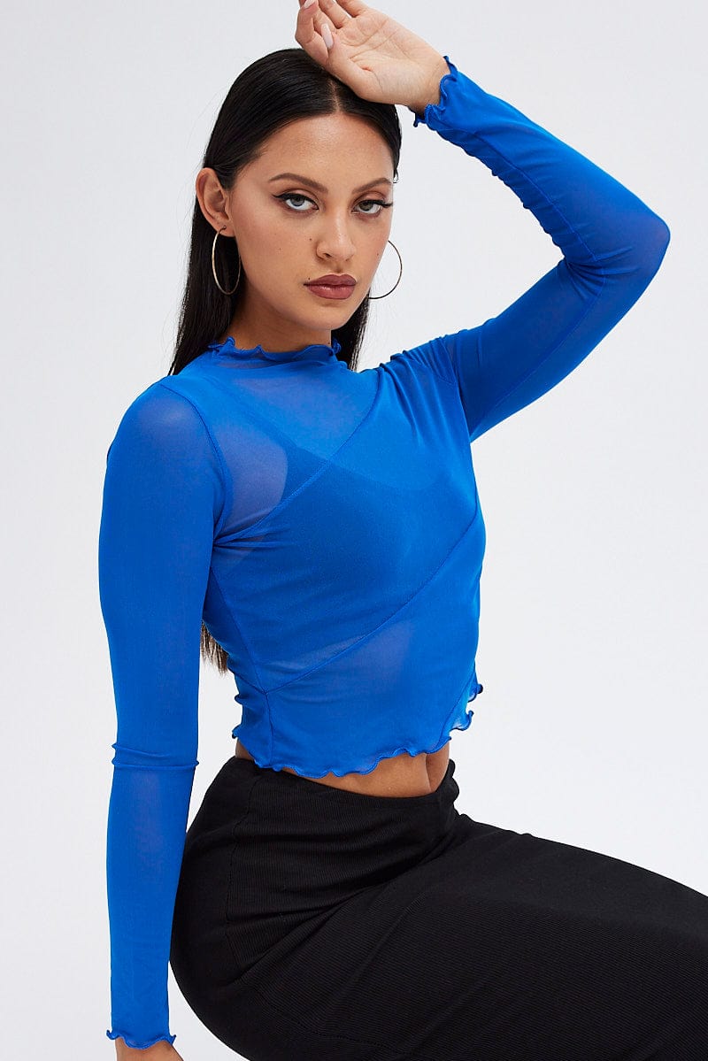 Blue Mesh Top Long Sleeves for Ally Fashion