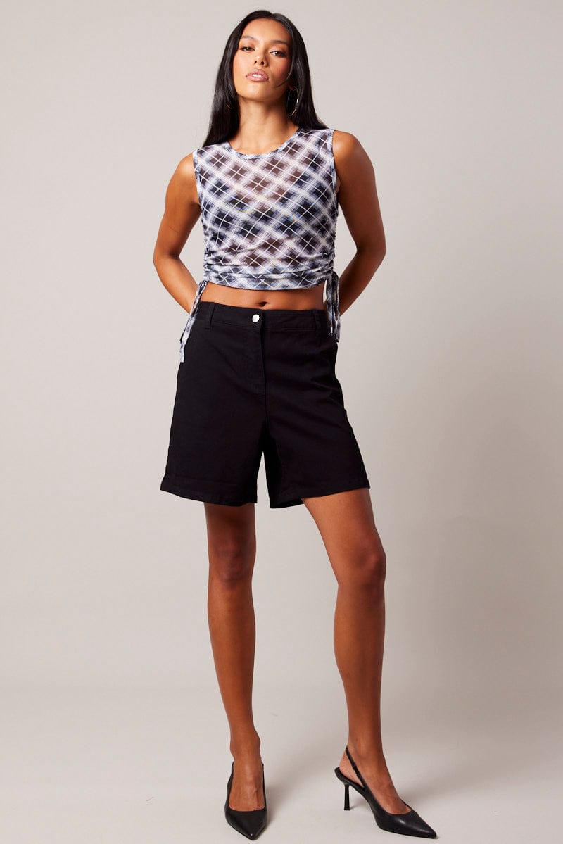 Black Check Side Rushed Top Sleeveless for Ally Fashion