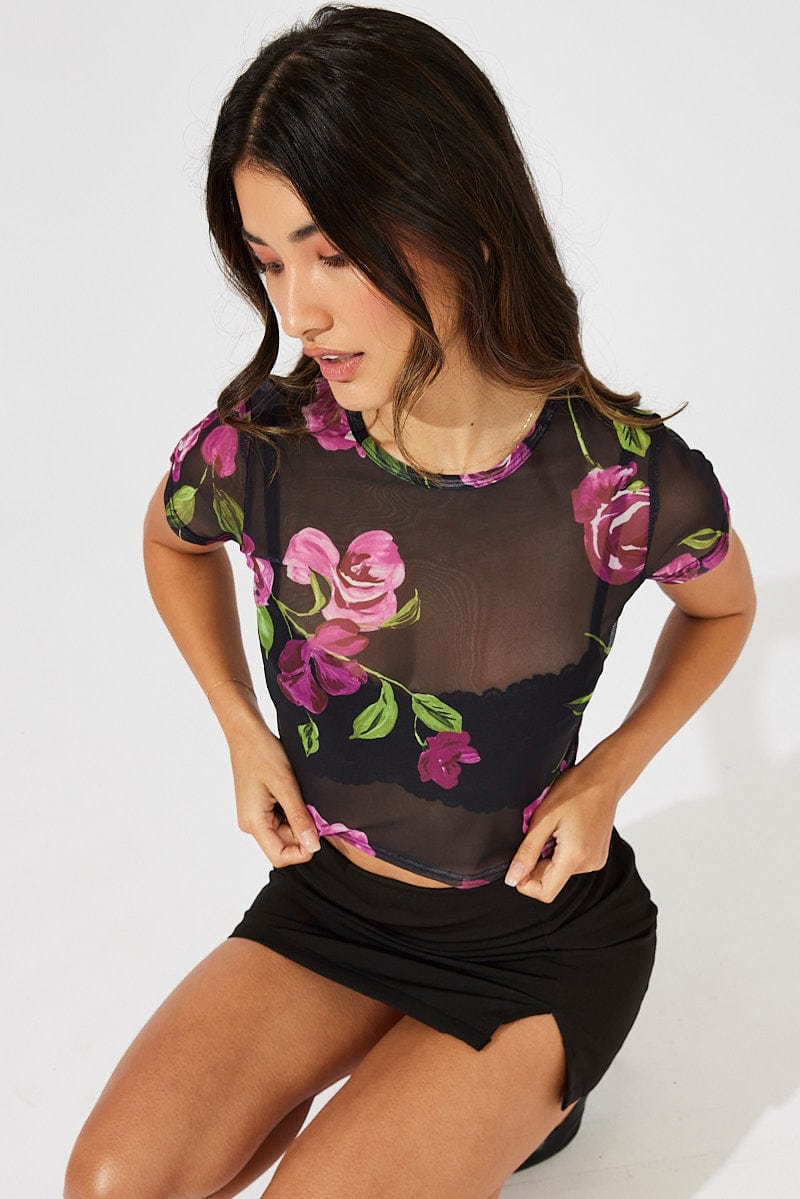 Black Floral Top Crop Short Sleeve for Ally Fashion