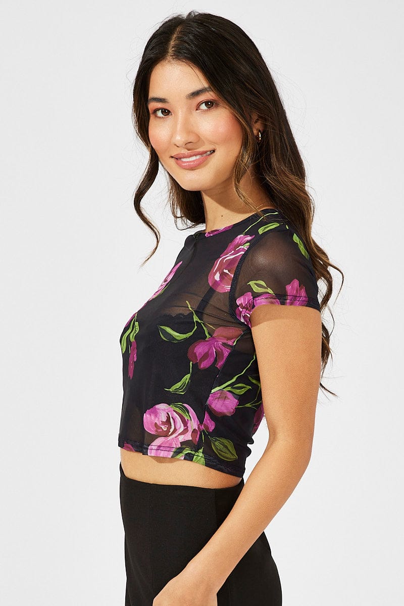 Black Floral Top Crop Short Sleeve for Ally Fashion