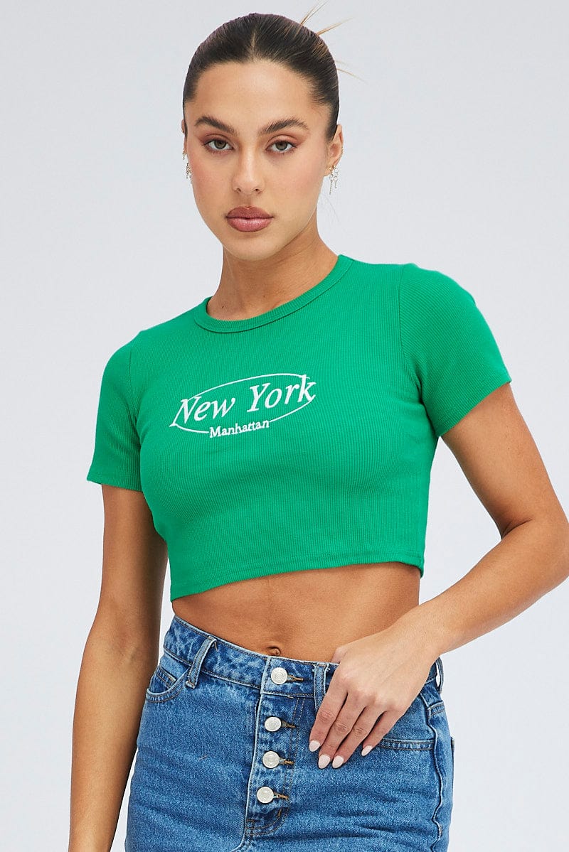 Green Tee Crop Short Sleeve New York Embroidery for Ally Fashion