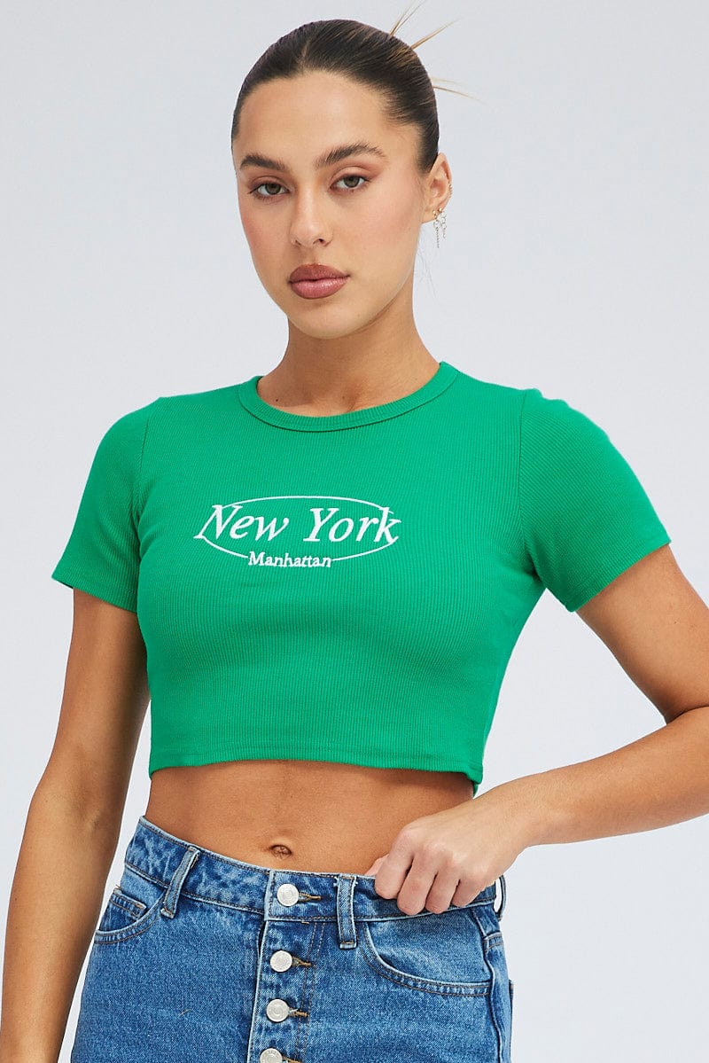 Green Tee Crop Short Sleeve New York Embroidery for Ally Fashion