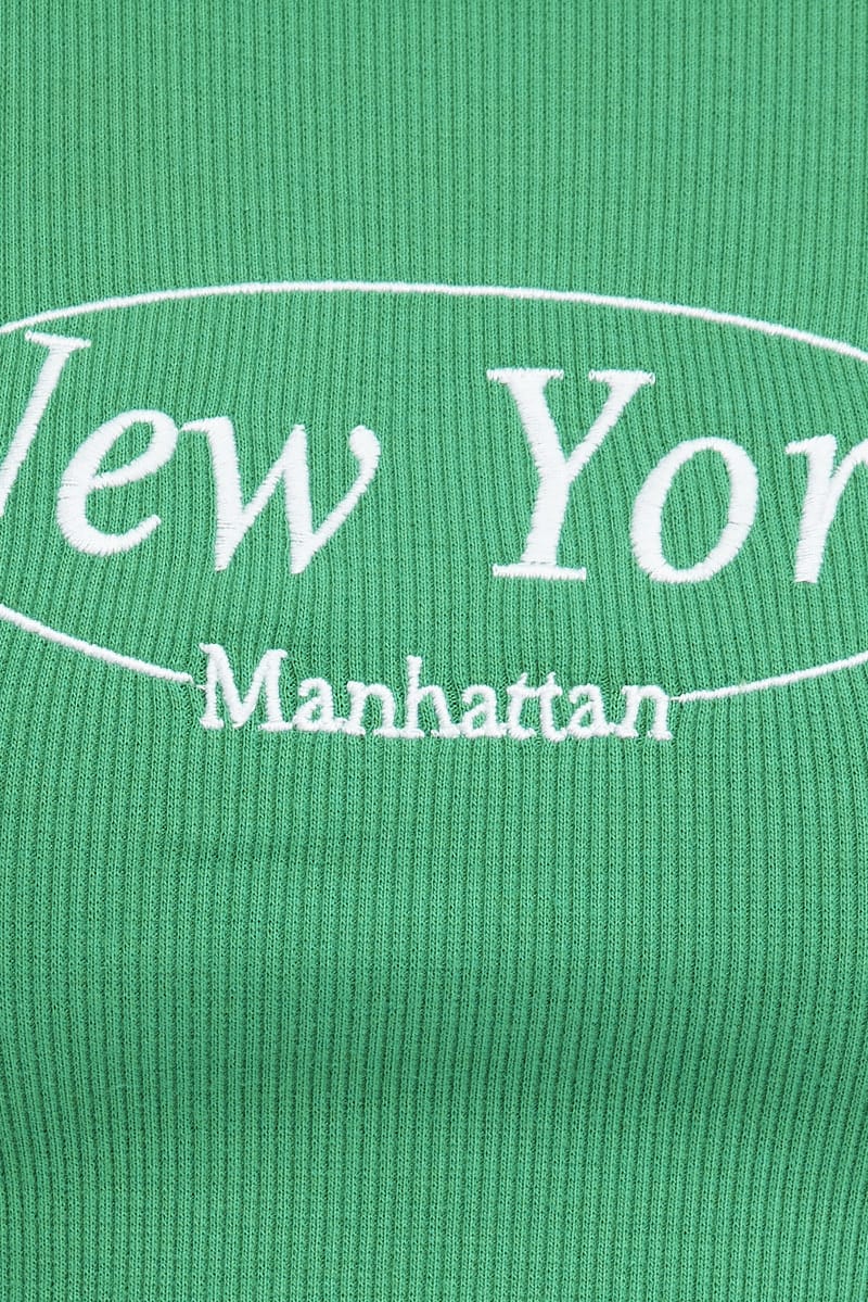 Green Tee Crop Short Sleeve New York Embroidery for Ally Fashion