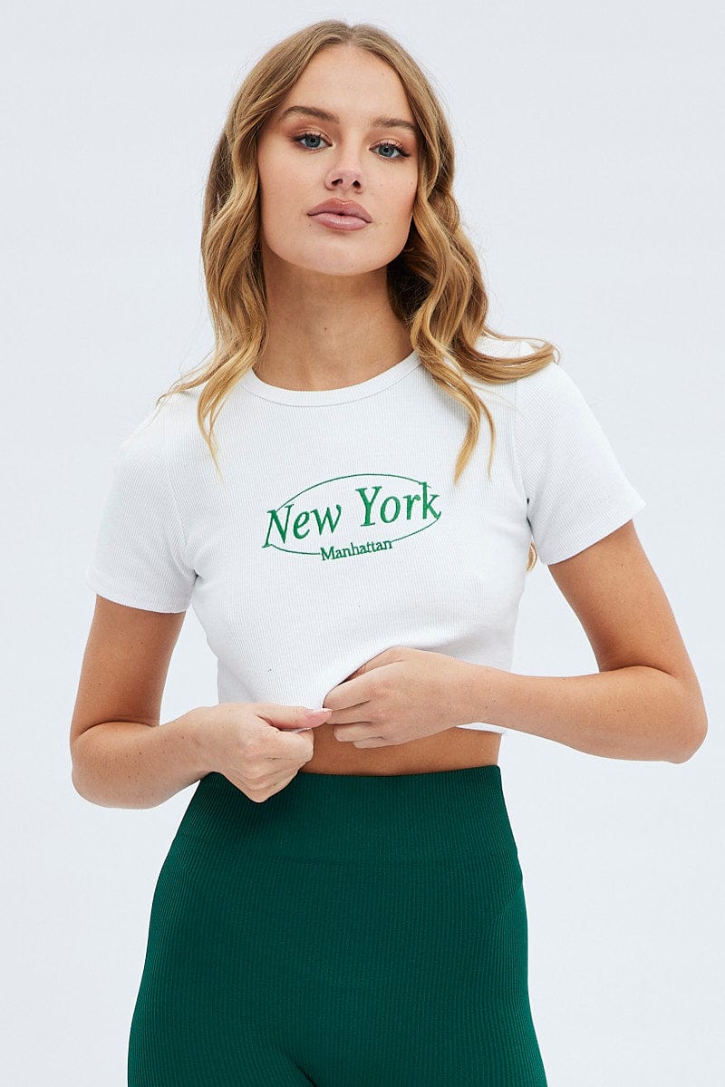 White Tee Crop Short Sleeve New York Embroidery for Ally Fashion