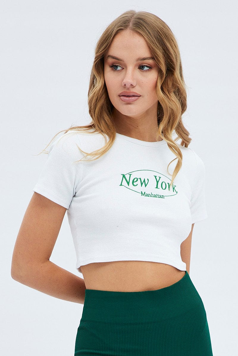 White Tee Crop Short Sleeve New York Embroidery for Ally Fashion