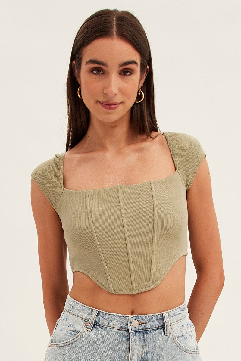 Green Corset Crop Top Short Sleeve Square Neck for Ally Fashion
