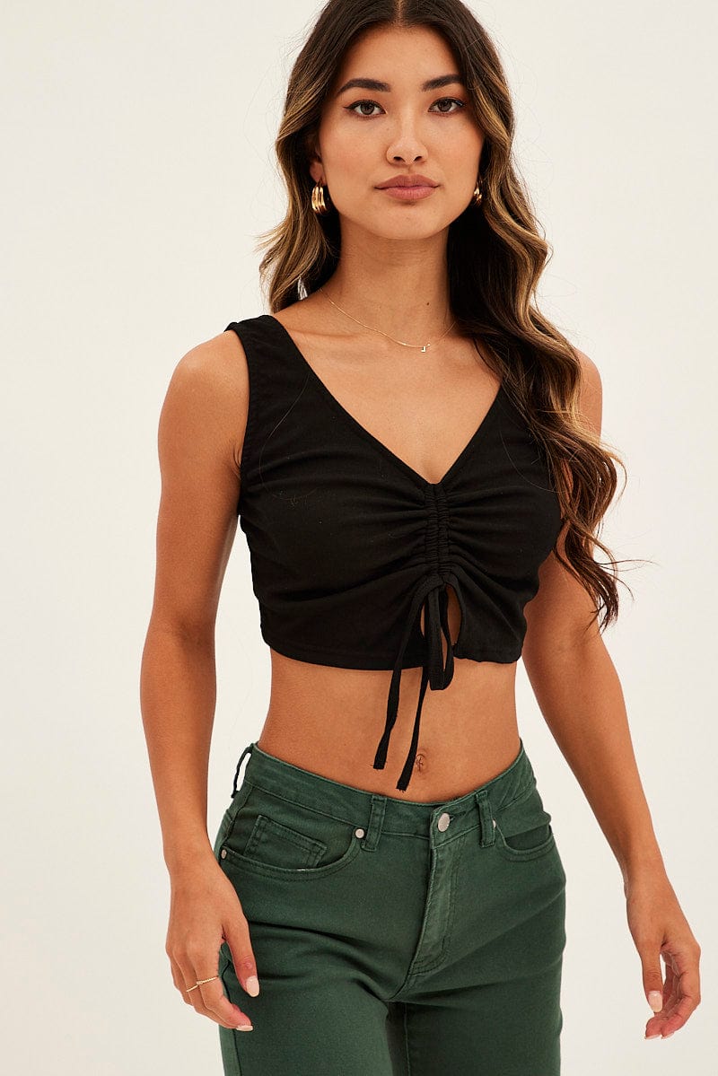 Black Butterfly Tank Drawstring Front Crop for Ally Fashion