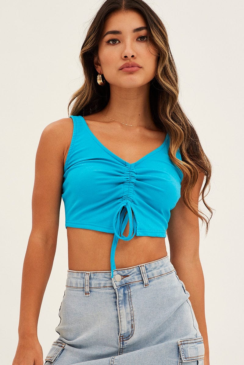 Blue Butterfly Tank Drawstring Front Crop for Ally Fashion