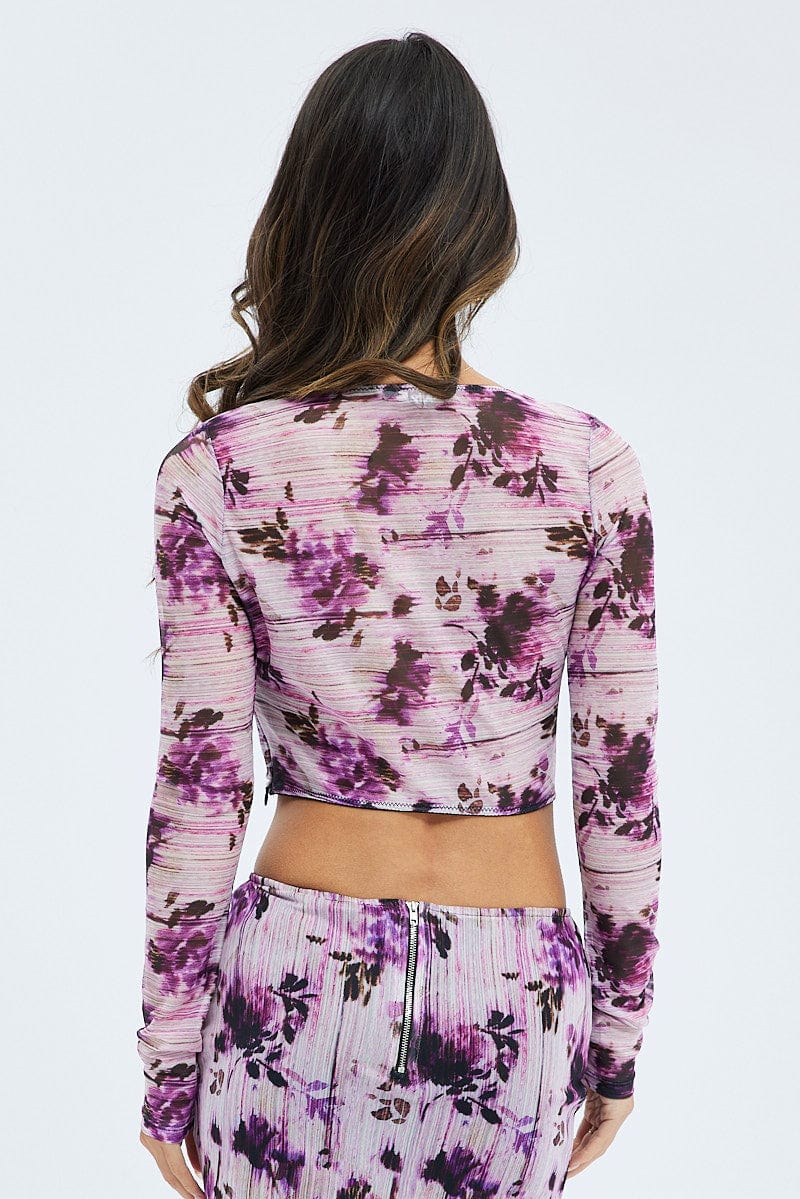 Purple Floral Corset Top Long Sleeve Crop for Ally Fashion